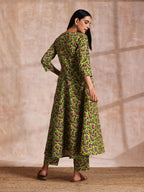 trueBrowns Lime Green Overall Pink Floral Block Print Cotton Flared Kurta Pant Set | Grocsy
