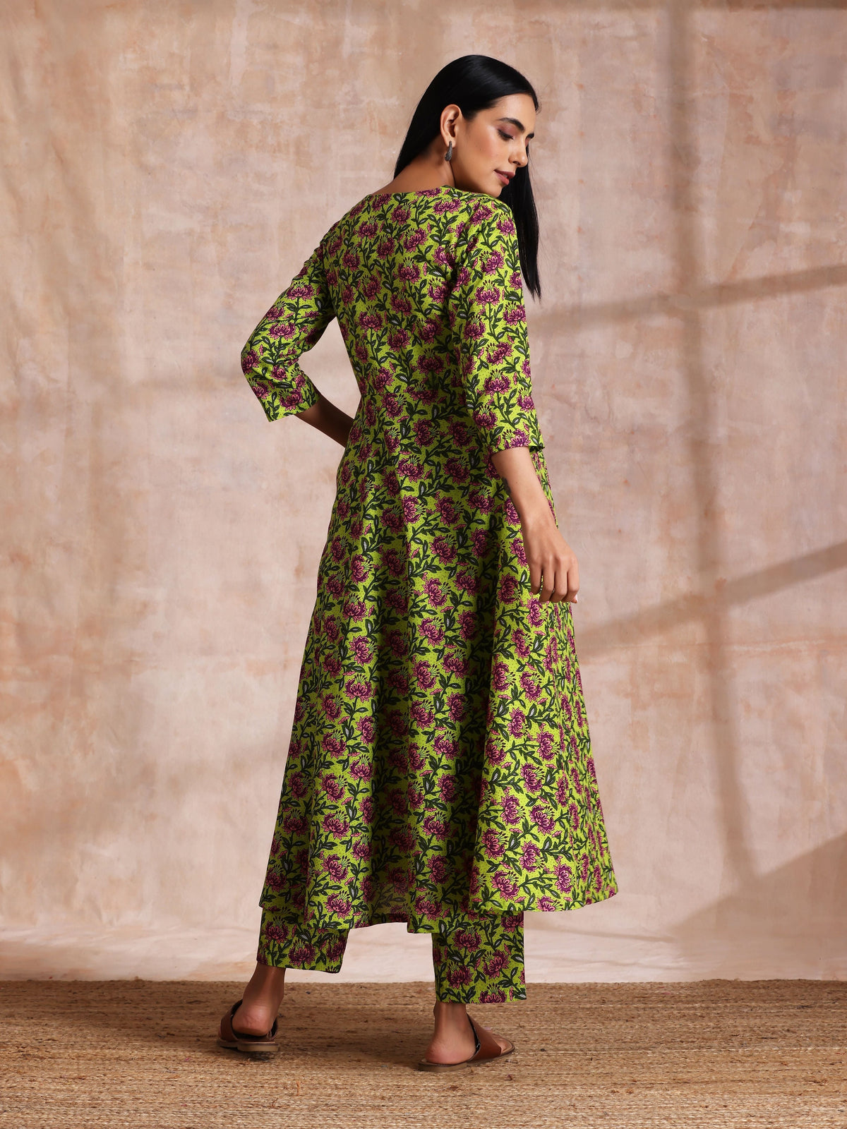 trueBrowns Lime Green Overall Pink Floral Block Print Cotton Flared Kurta Pant Set | Grocsy
