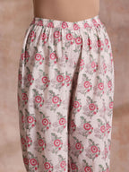 trueBrowns Pink Green Buta On White Block Print Cotton Slit Kurta Pant Set | Grocsy