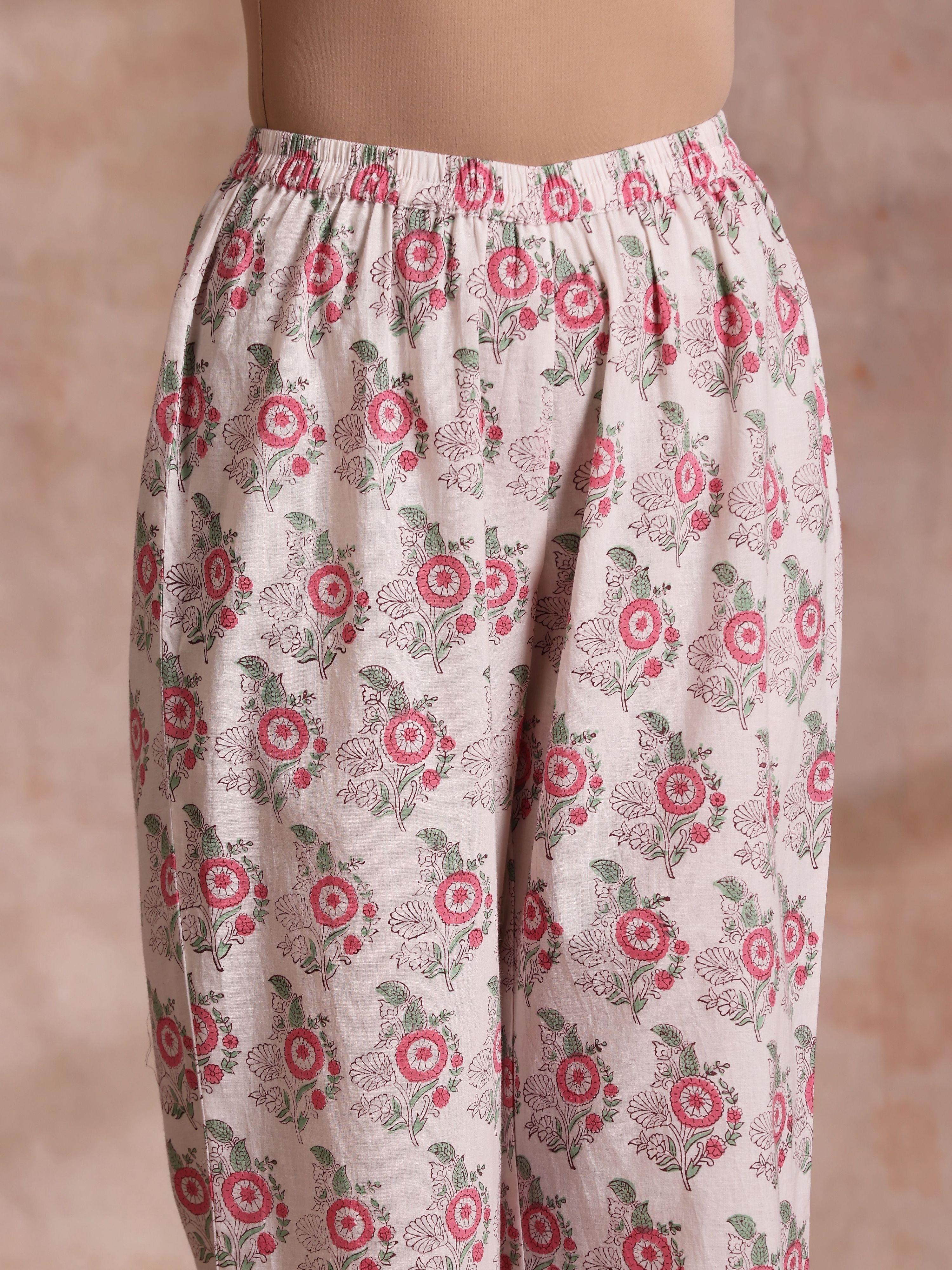 trueBrowns Pink Green Buta On White Block Print Cotton Slit Kurta Pant Set | Grocsy