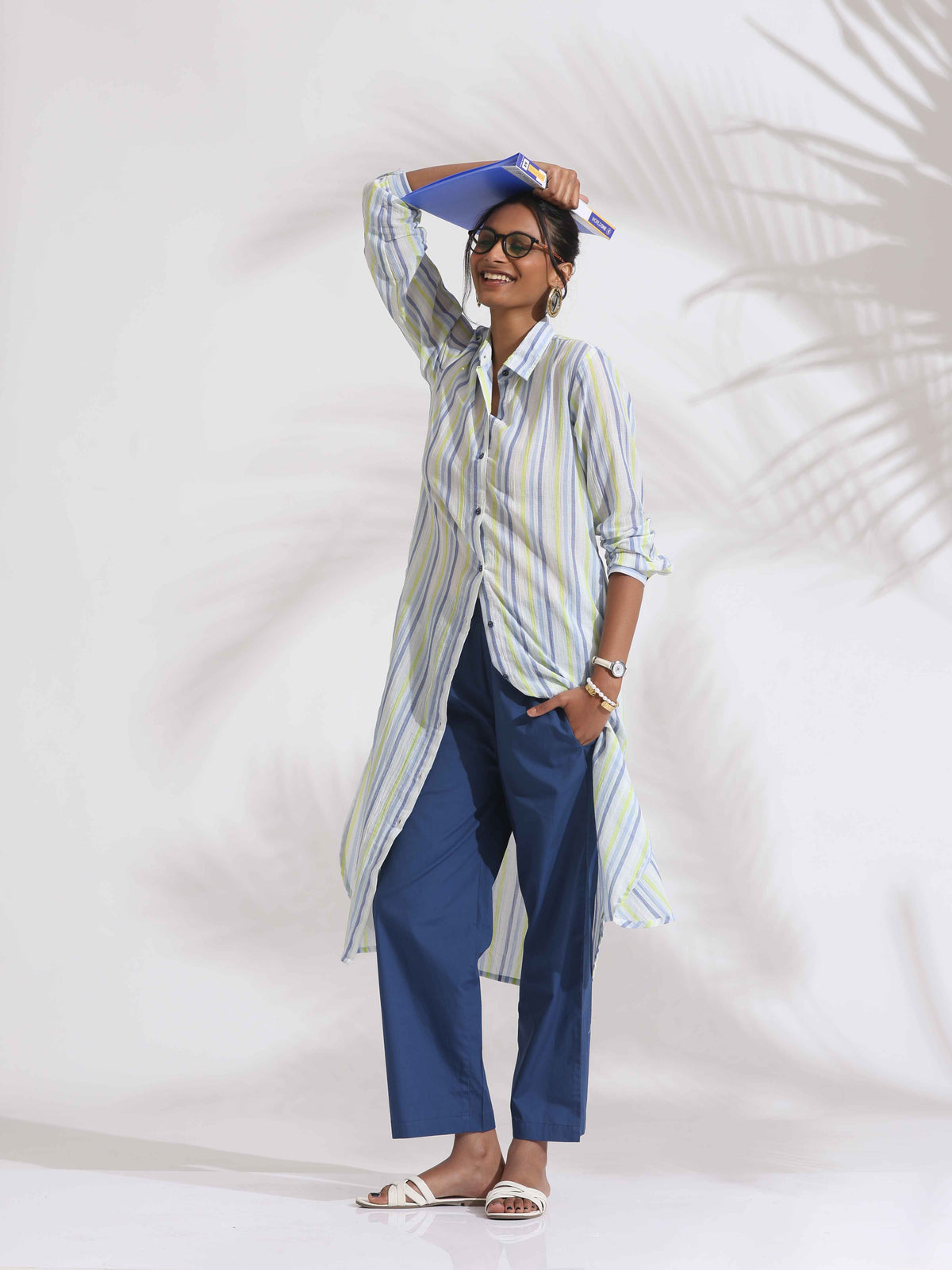 trueBrowns White Cotton Multi Stripe Shirt Kurta Set | Grocsy