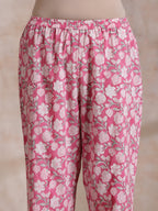 trueBrowns Pink Green Floral On White Block Print Cotton Sleeveless Flared Kurta Pant Set | Grocsy