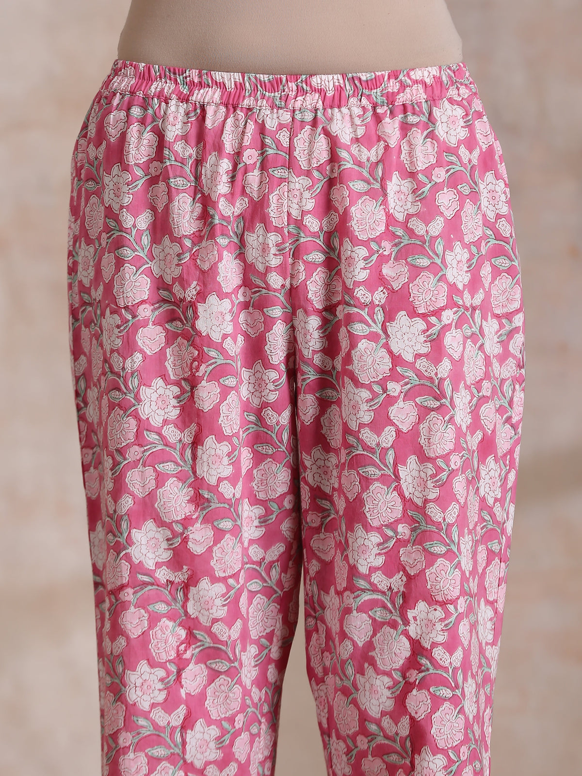 trueBrowns Pink Green Floral On White Block Print Cotton Sleeveless Flared Kurta Pant Set | Grocsy