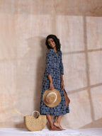 trueBrowns Indigo Dabu Overall Print Cotton Wrap Dress | Grocsy