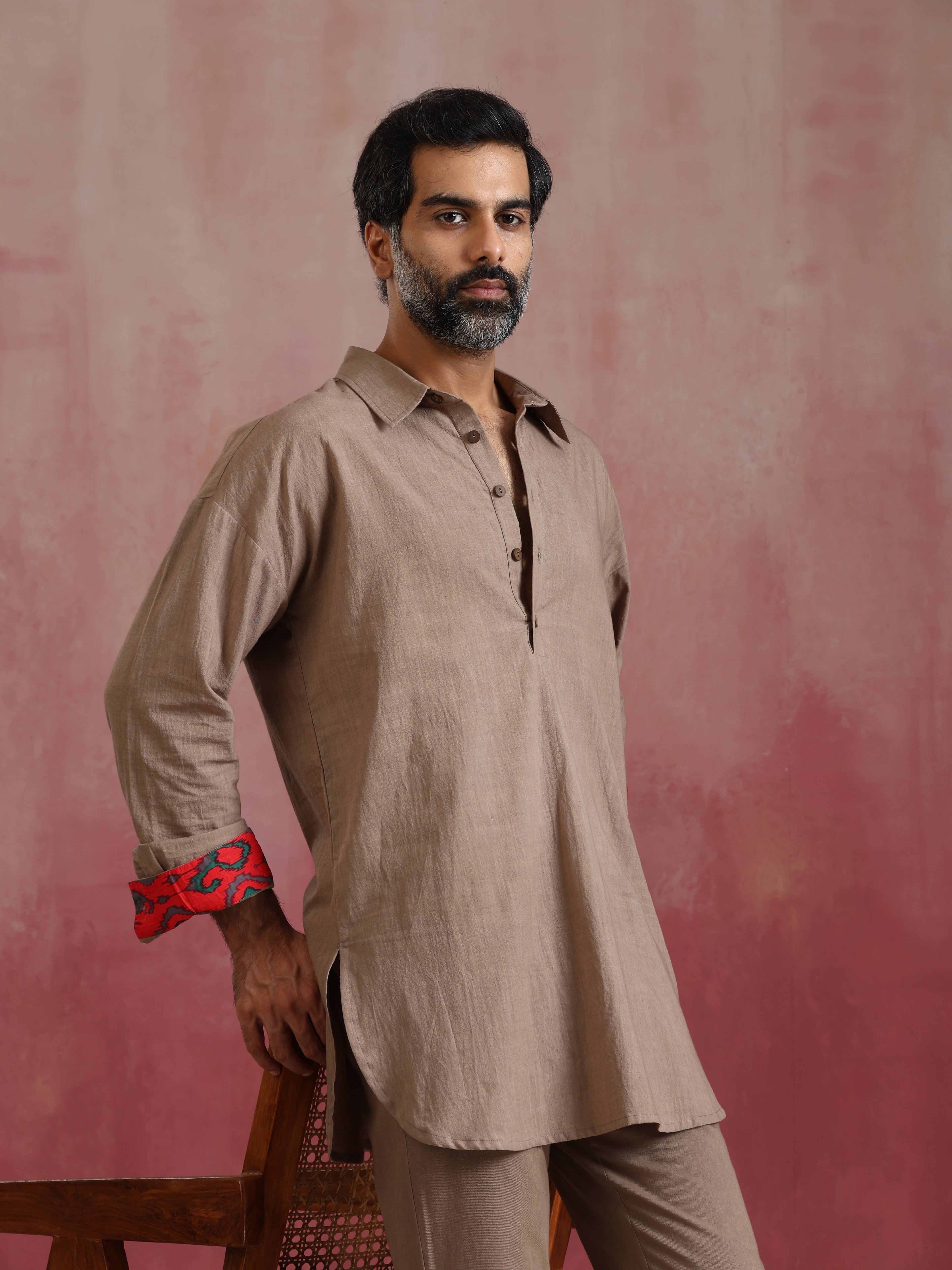trueBrowns Men's Grey Cotton Shirt Collar Stylized Kurta Co-ord set | Grocsy