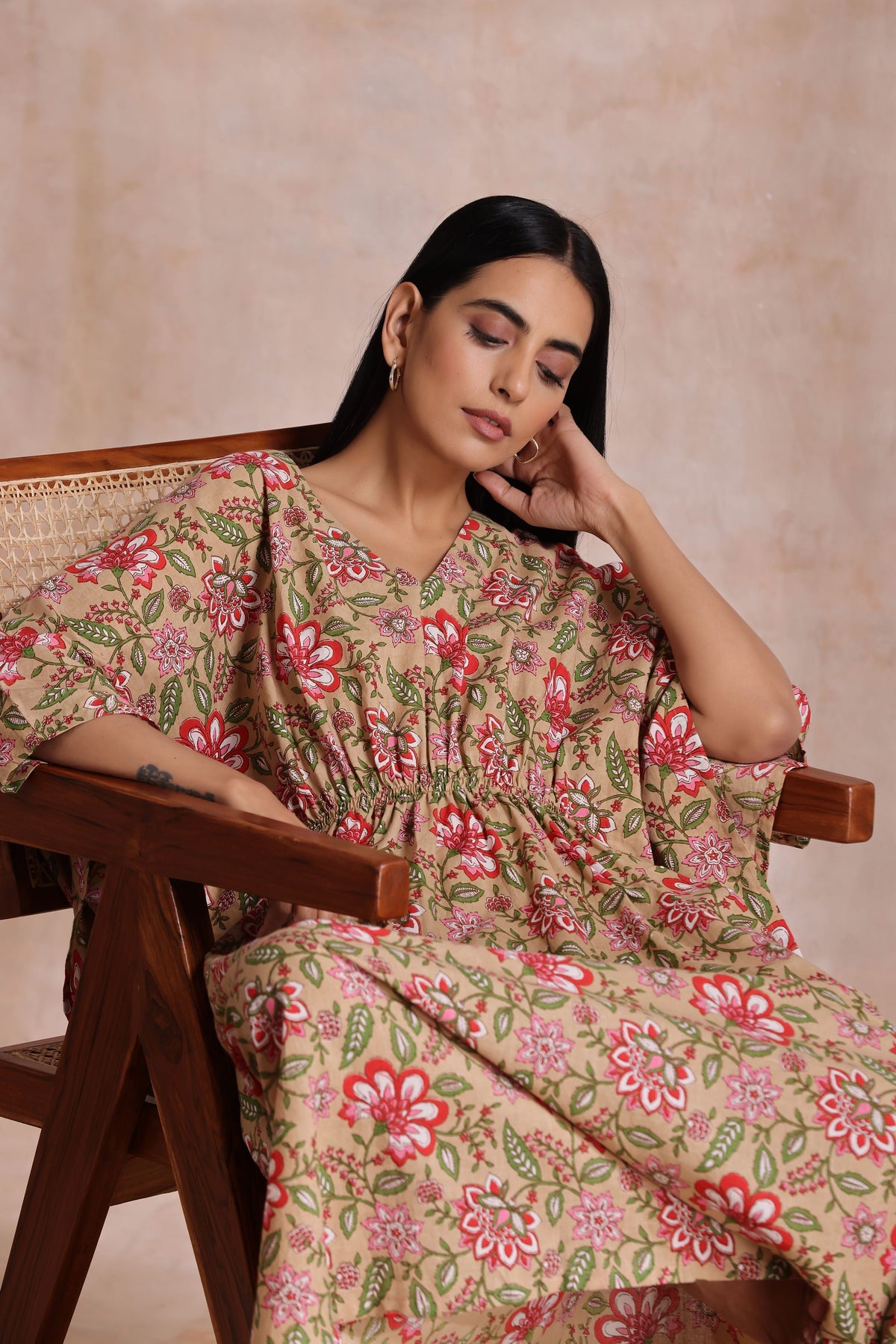 trueBrowns Beige Overall Big Floral Block Print Cotton Kaftan Dress | Grocsy