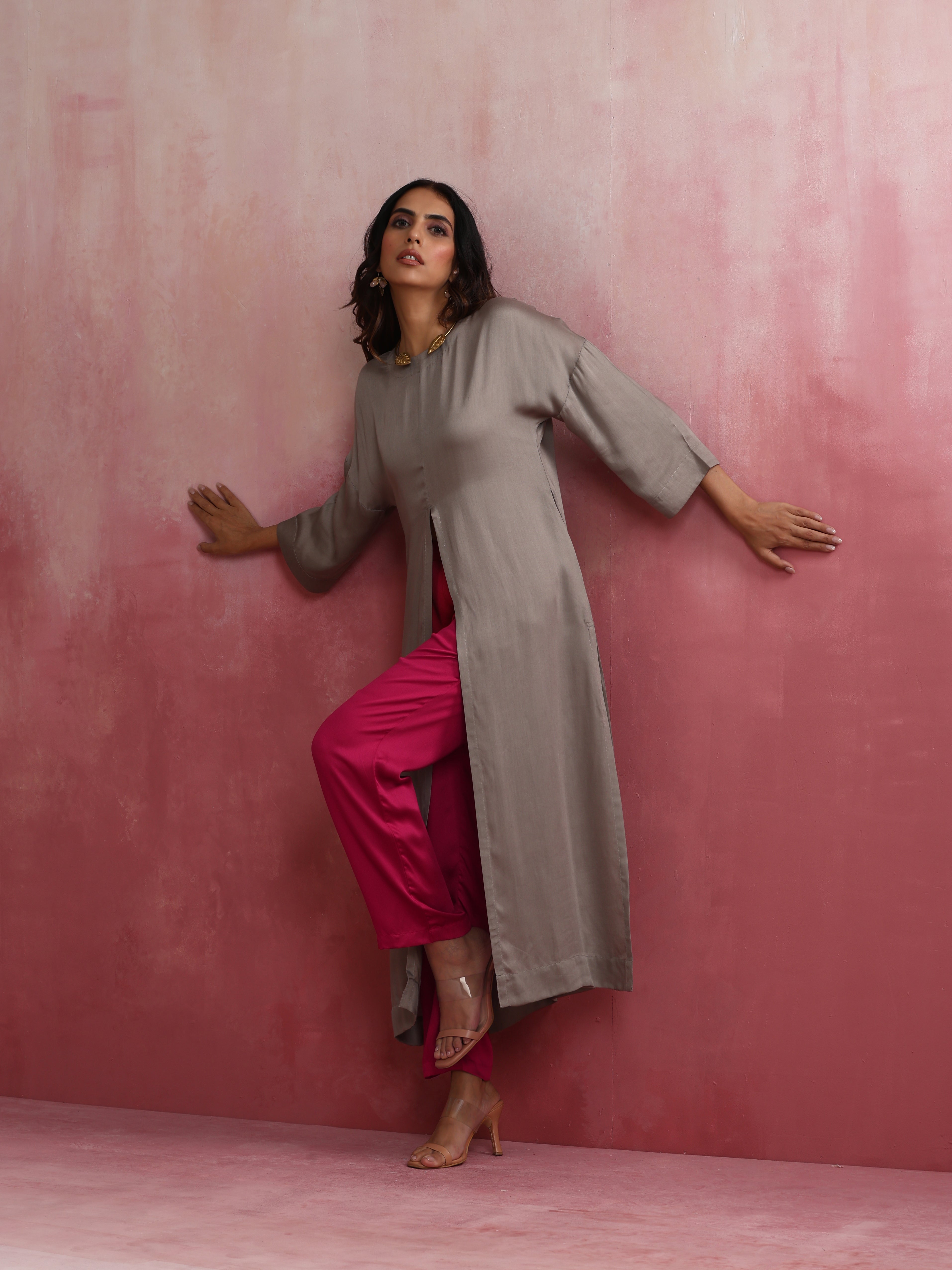 trueBrowns Grey High Slit Modal Kurta Set | Grocsy
