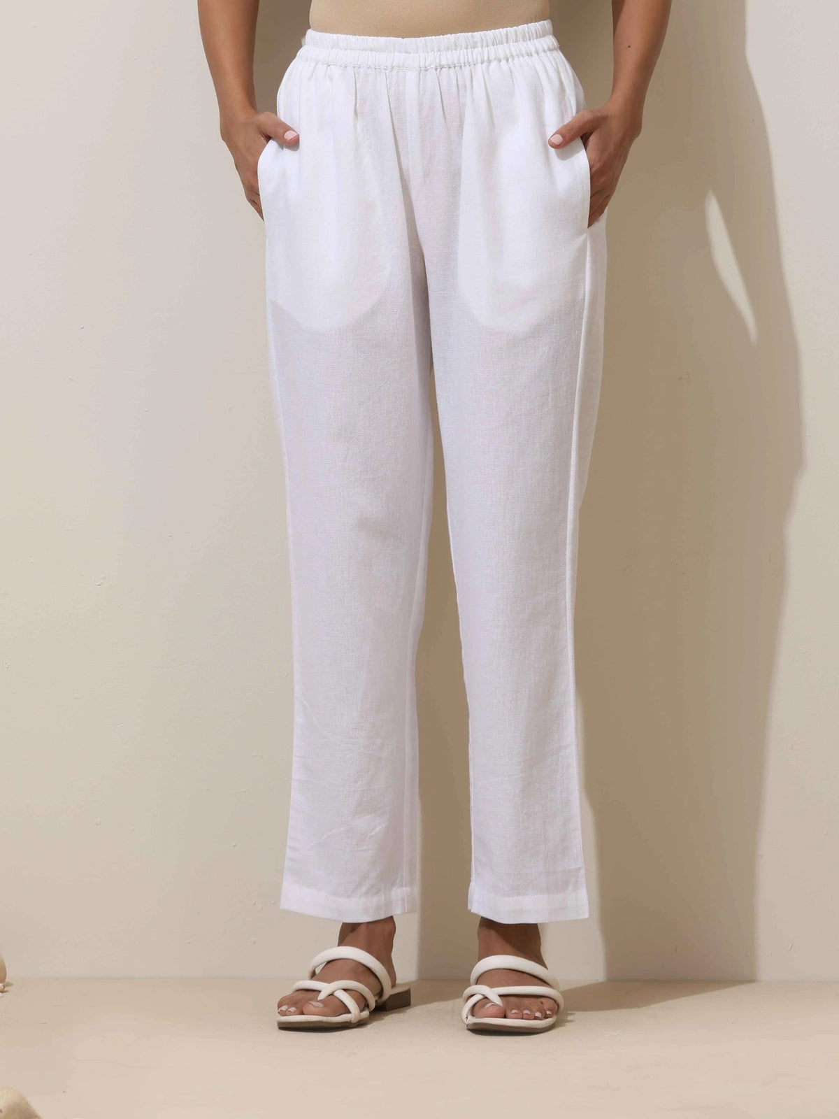trueBrowns White Cotton Linen Kurta Pant Set | Grocsy