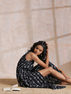 trueBrowns Black White Geometric Print Cotton Sleeveless Wrap Dress | Grocsy