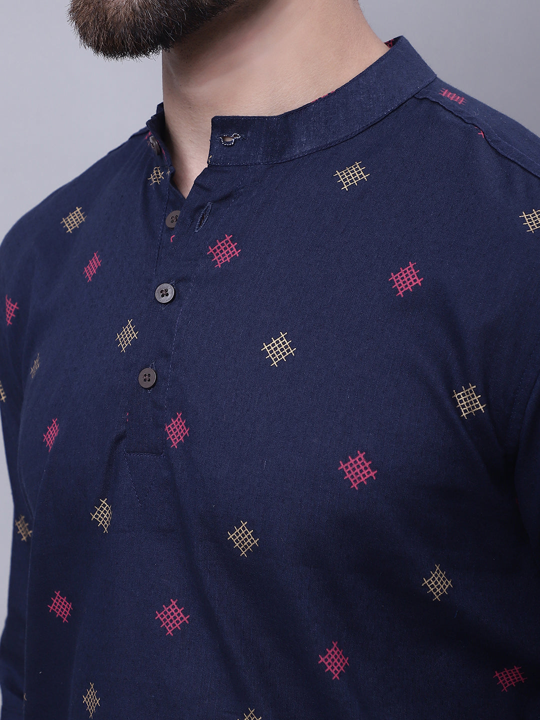 Even Apparels Blue Pure Cotton Short Kurta With Band Collar | Grocsy
