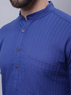 Even Apparels Blue Pure Cotton Short Sleeves Kurta With Band Collar | Grocsy
