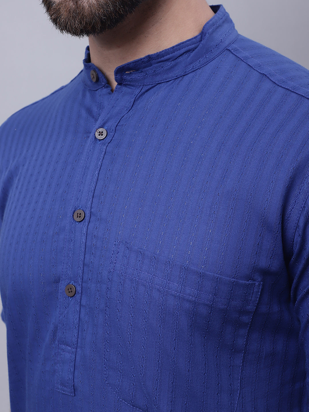 Even Apparels Blue Pure Cotton Short Sleeves Kurta With Band Collar | Grocsy