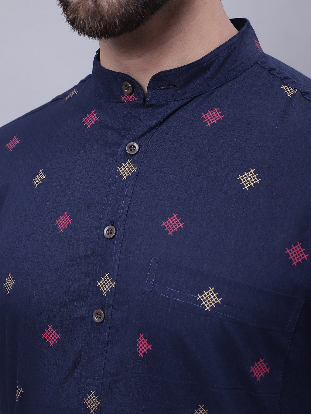 Even Apparels Blue Pure Cotton Short Sleeves Kurta With Band Collar | Grocsy