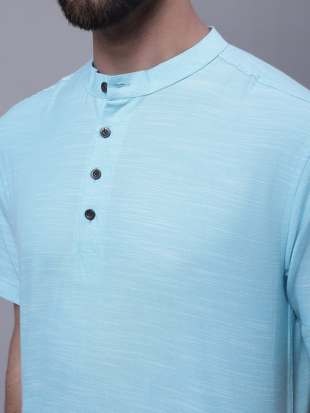 Even Apparels Blue Pure Cotton Short Kurta With Band Collar | Grocsy