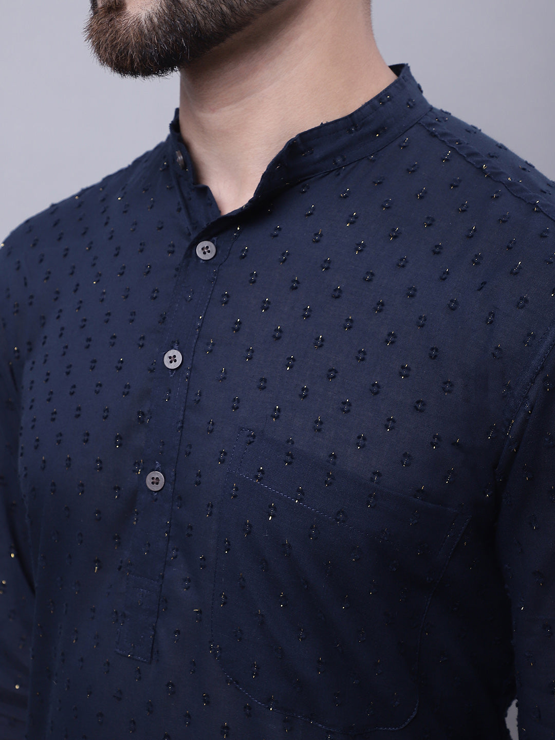 Even Apparels Blue Pure Cotton Kurta With Band Collar | Grocsy