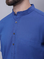 Even Apparels Blue Pure Cotton Short Sleeves Kurta With Band Collar | Grocsy