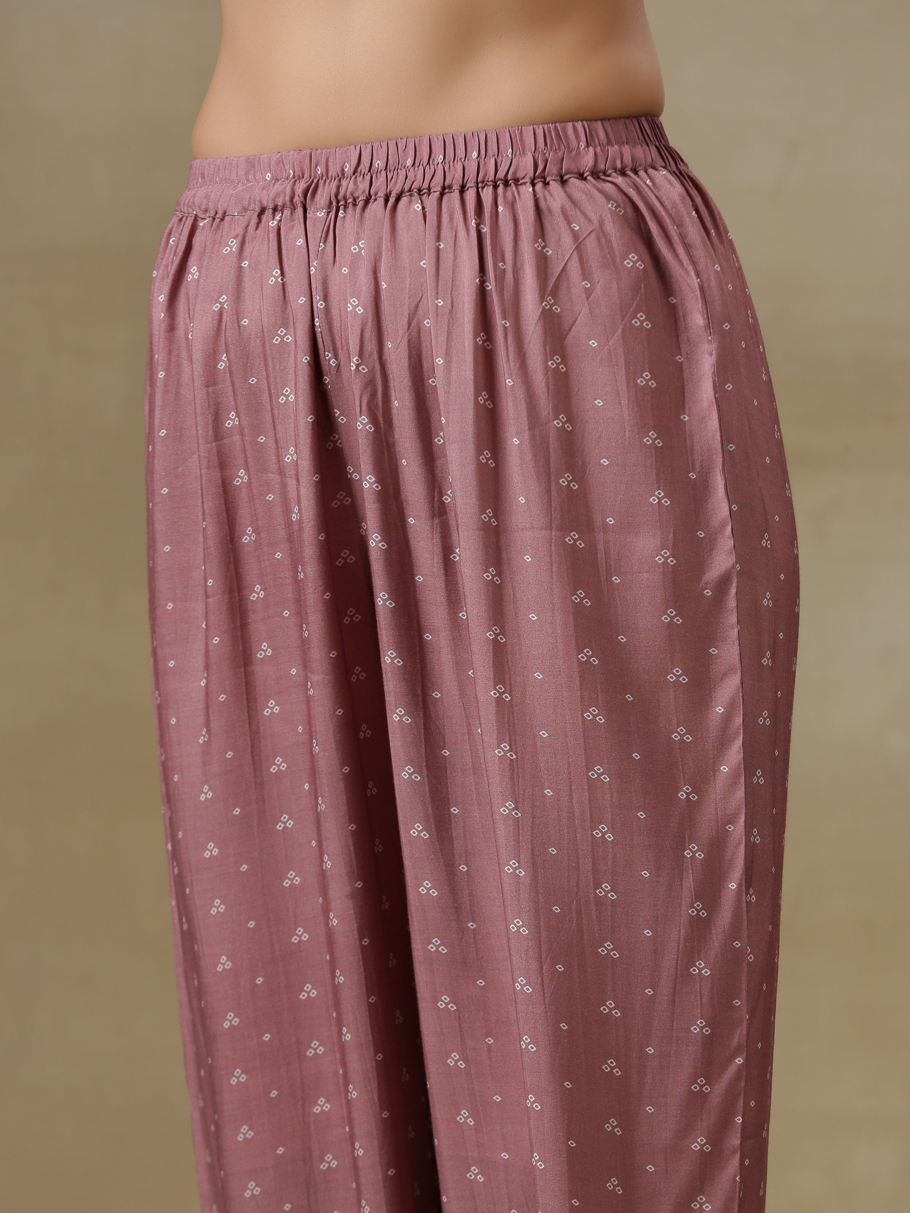 trueBrowns Dark Mauve Bandhani Printed Silk Front Slit Kurta Pant Set | Relove | Grocsy