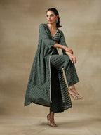 trueBrowns Dark Green Bandhani Printed Silk Angrakha Kurta Pant Set | Grocsy