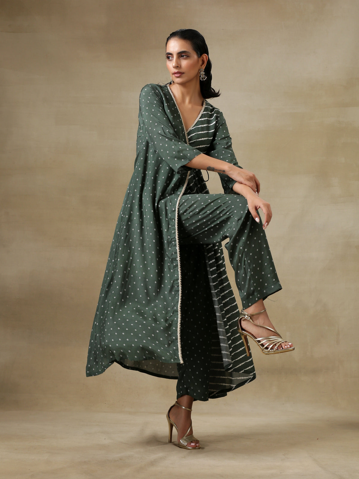 trueBrowns Dark Green Bandhani Printed Silk Angrakha Kurta Pant Set | Grocsy
