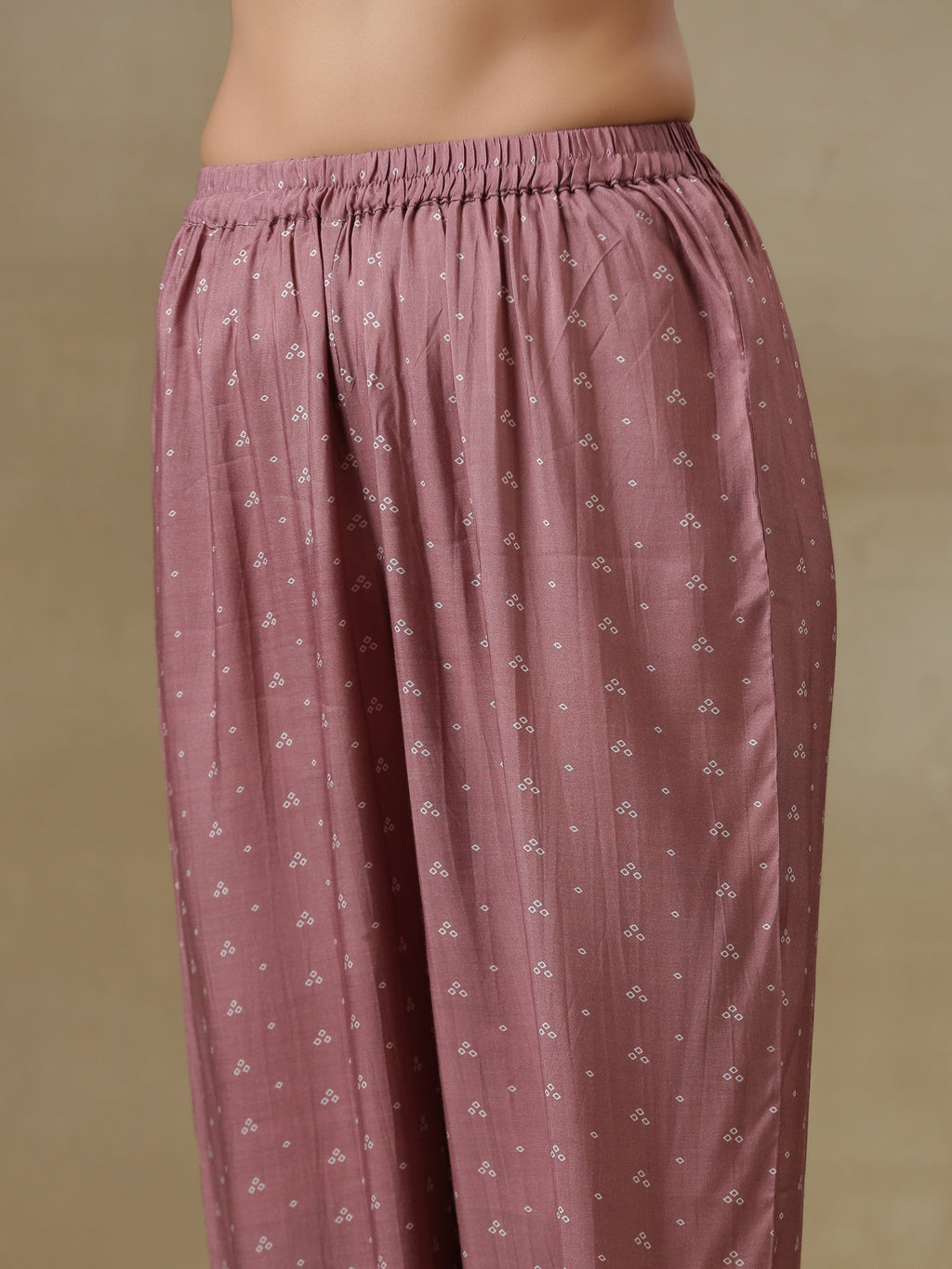 trueBrowns Dark Mauve Bandhani Printed Silk Front Slit Kurta Pant Set | Grocsy