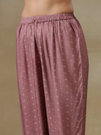 trueBrowns Dark Mauve Bandhani Printed Silk Front Slit Kurta Pant Set | Grocsy