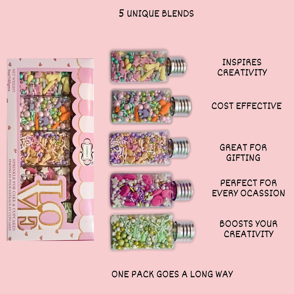 Confect Spring Sprinkles Edible |  Mix Green & Pink Eggs & Yellow & Gold Bunny pack of 5 (EAST 3) - 100Gms | Grocsy