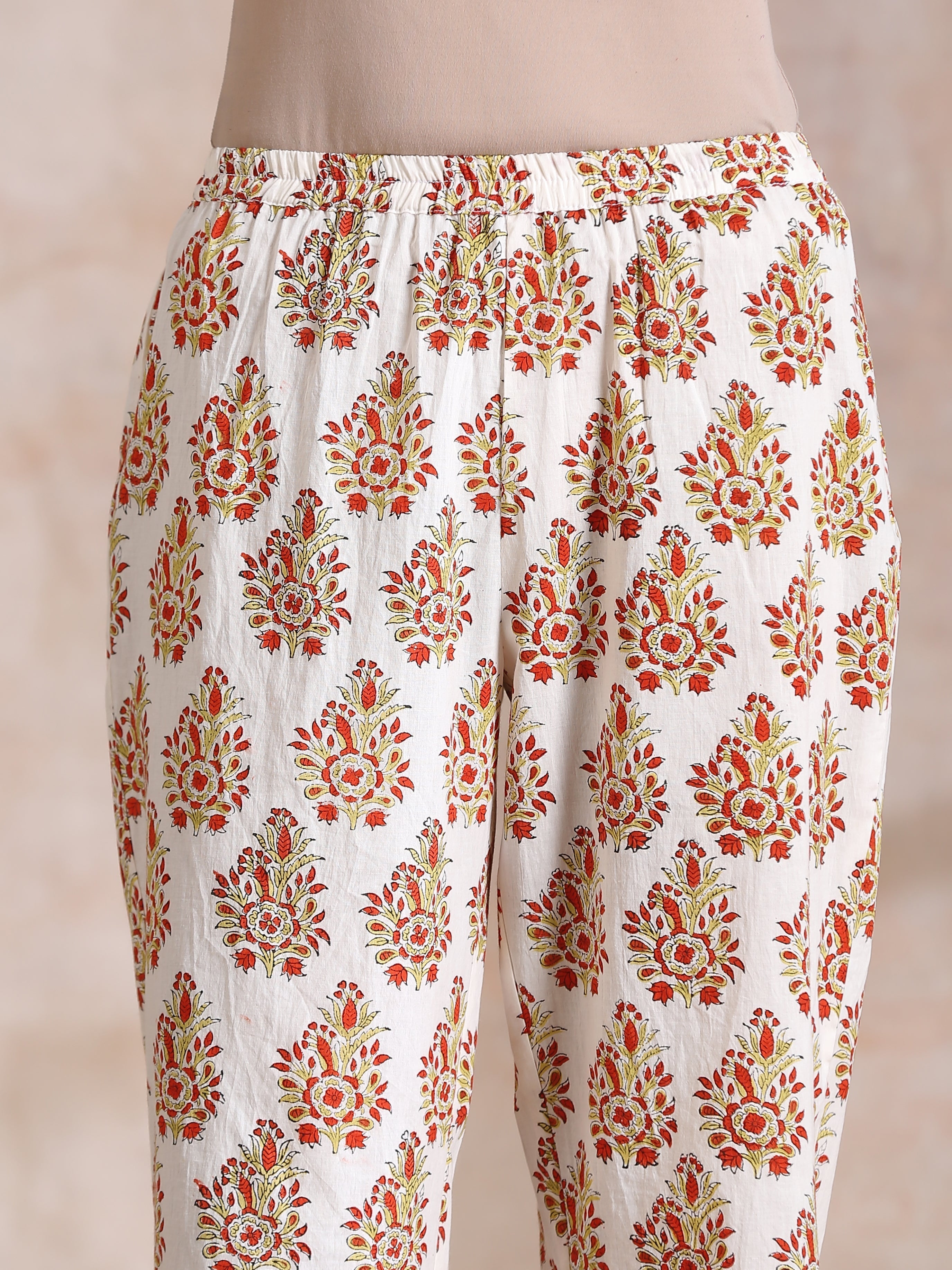trueBrowns Yellow Overall Floral Block Print Cotton Sleeveless Kurta Pant Set | Grocsy