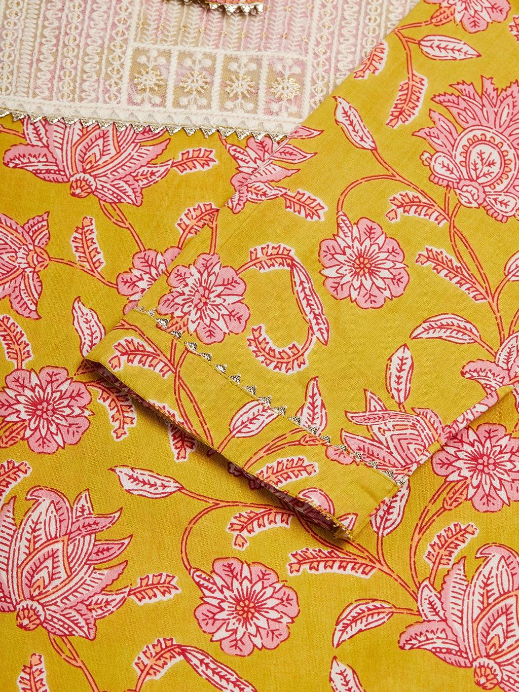 InWeave Women's Lime Pink Print Patch Cotton Straight Kurta | Grocsy