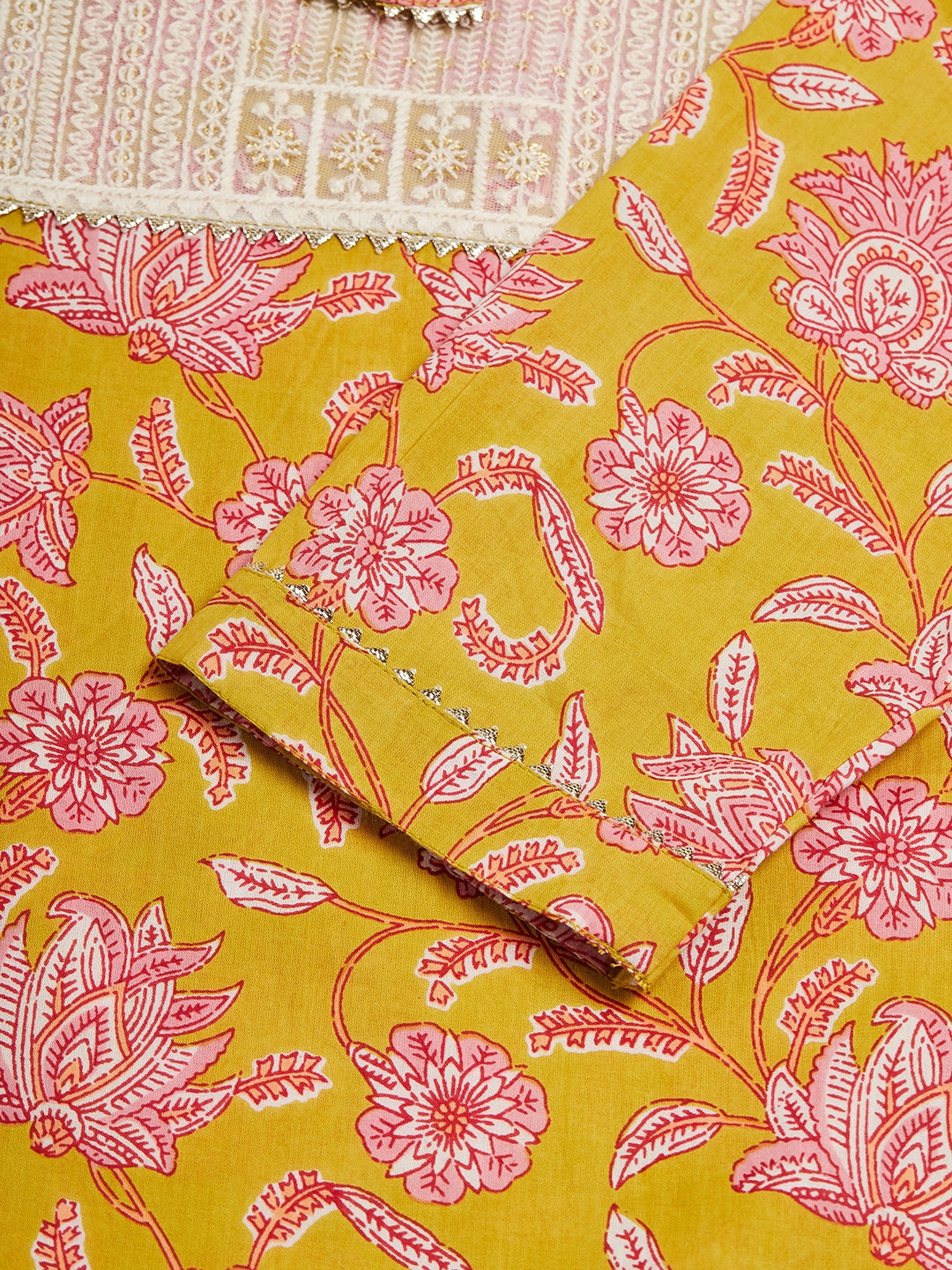 InWeave Women's Lime Pink Print Patch Cotton Straight Kurta | Grocsy