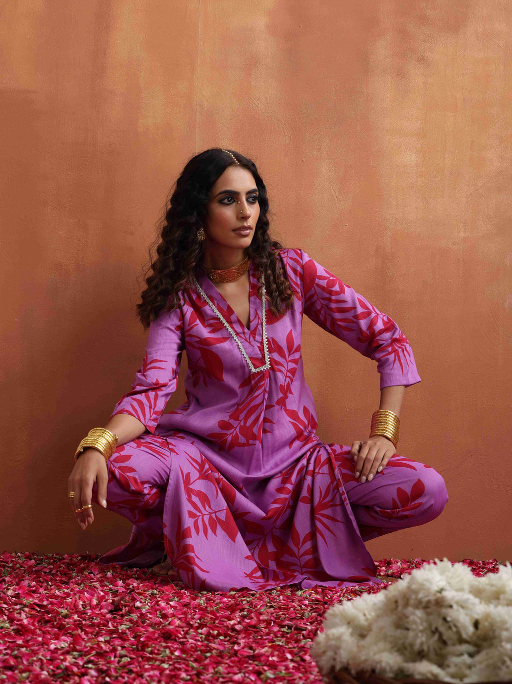 trueBrowns Purple Print Straight Kurta Set | Grocsy