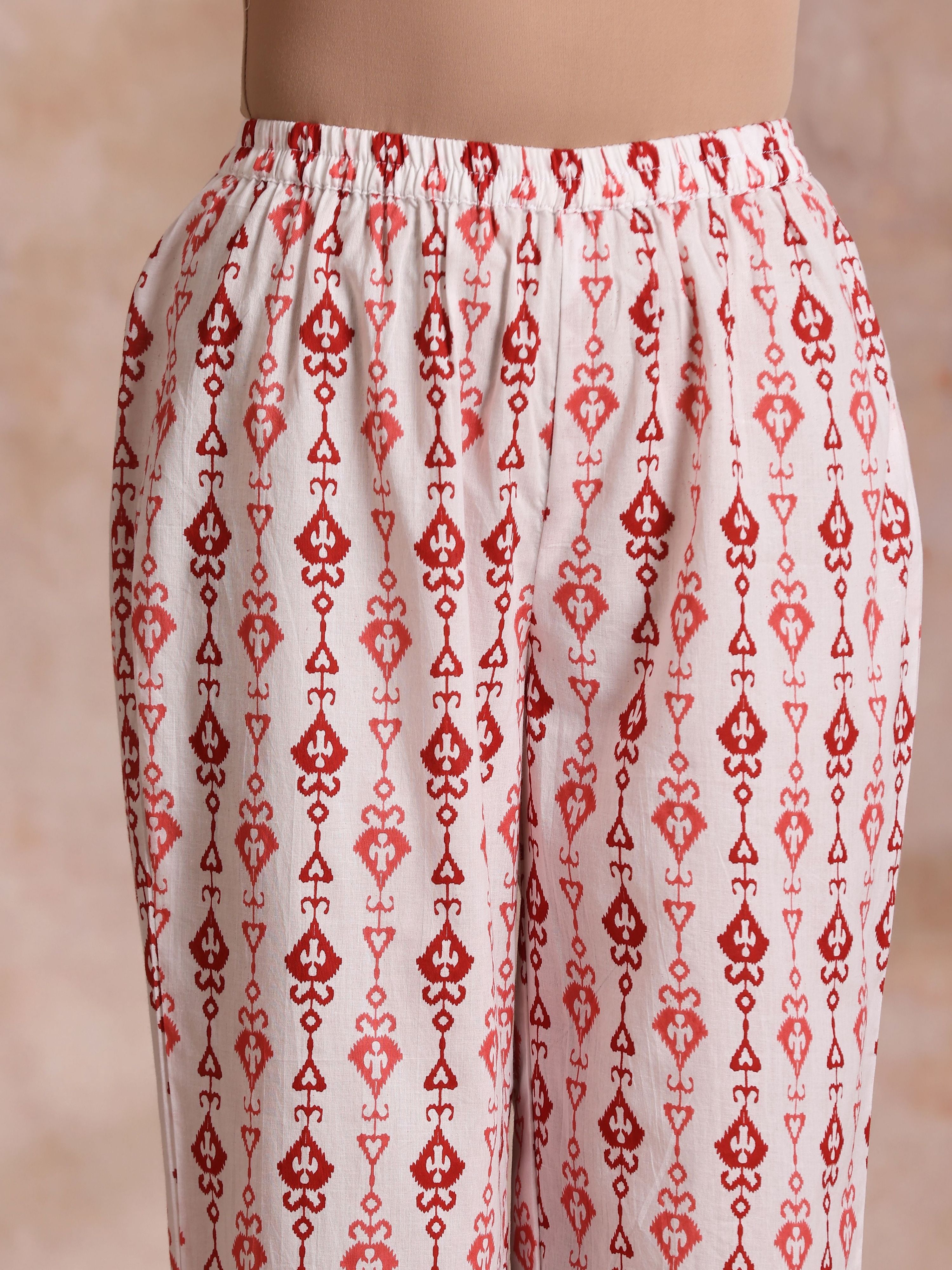 trueBrowns Red On Red Ikat Print Cotton Kurta Pant Set | Grocsy