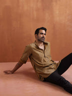 trueBrowns Men's Mustard Cotton Dobby Short Kurta | Grocsy