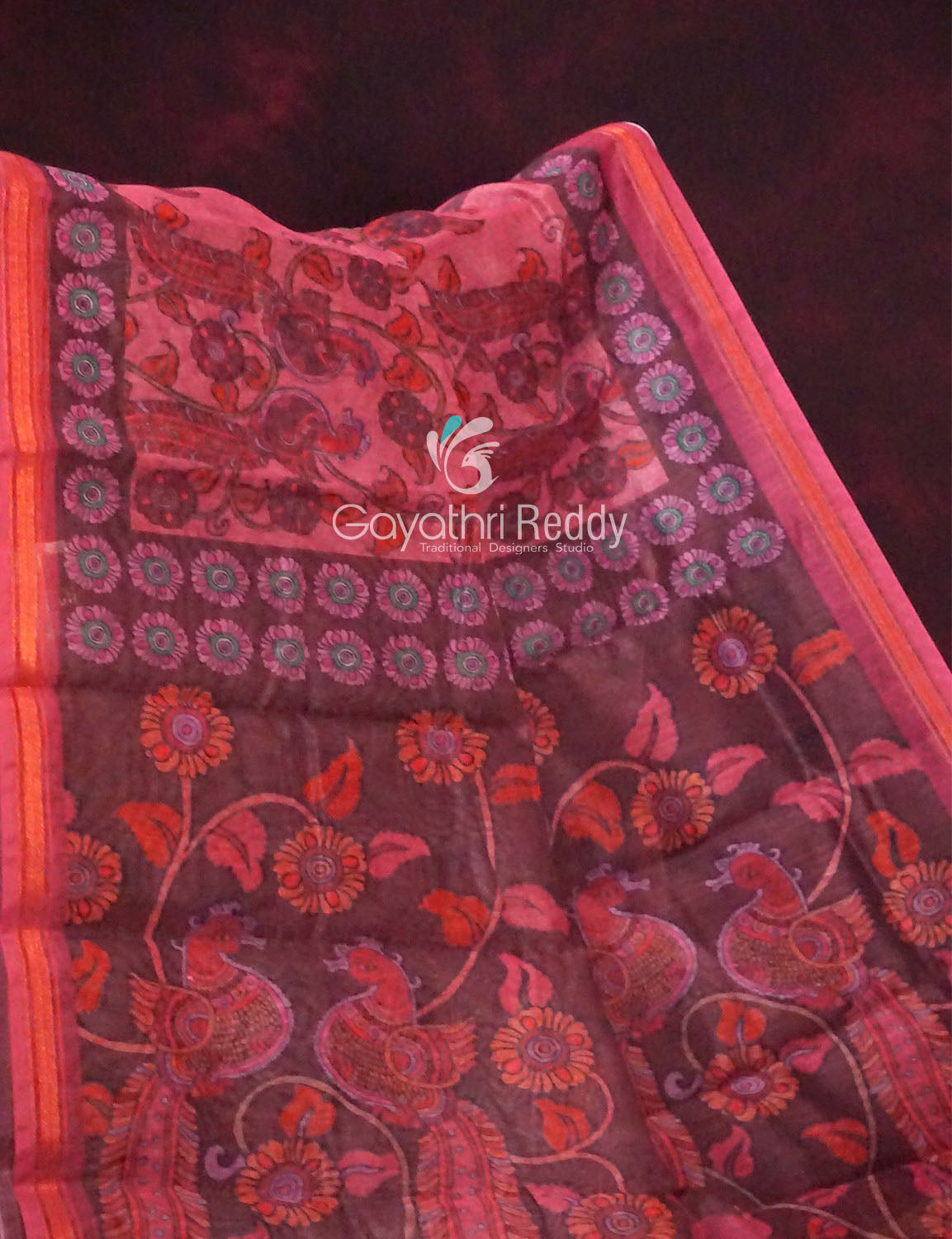 Combination Of Tomato Pink And Rust Mix With Kalamkari Design Semi Chanderi Saree By Gayathri Reddy Designer Studio | Grocsy