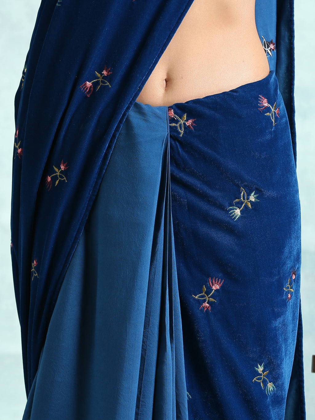 trueBrowns Blue Embroidered Velvet Ready to Wear Saree | Grocsy
