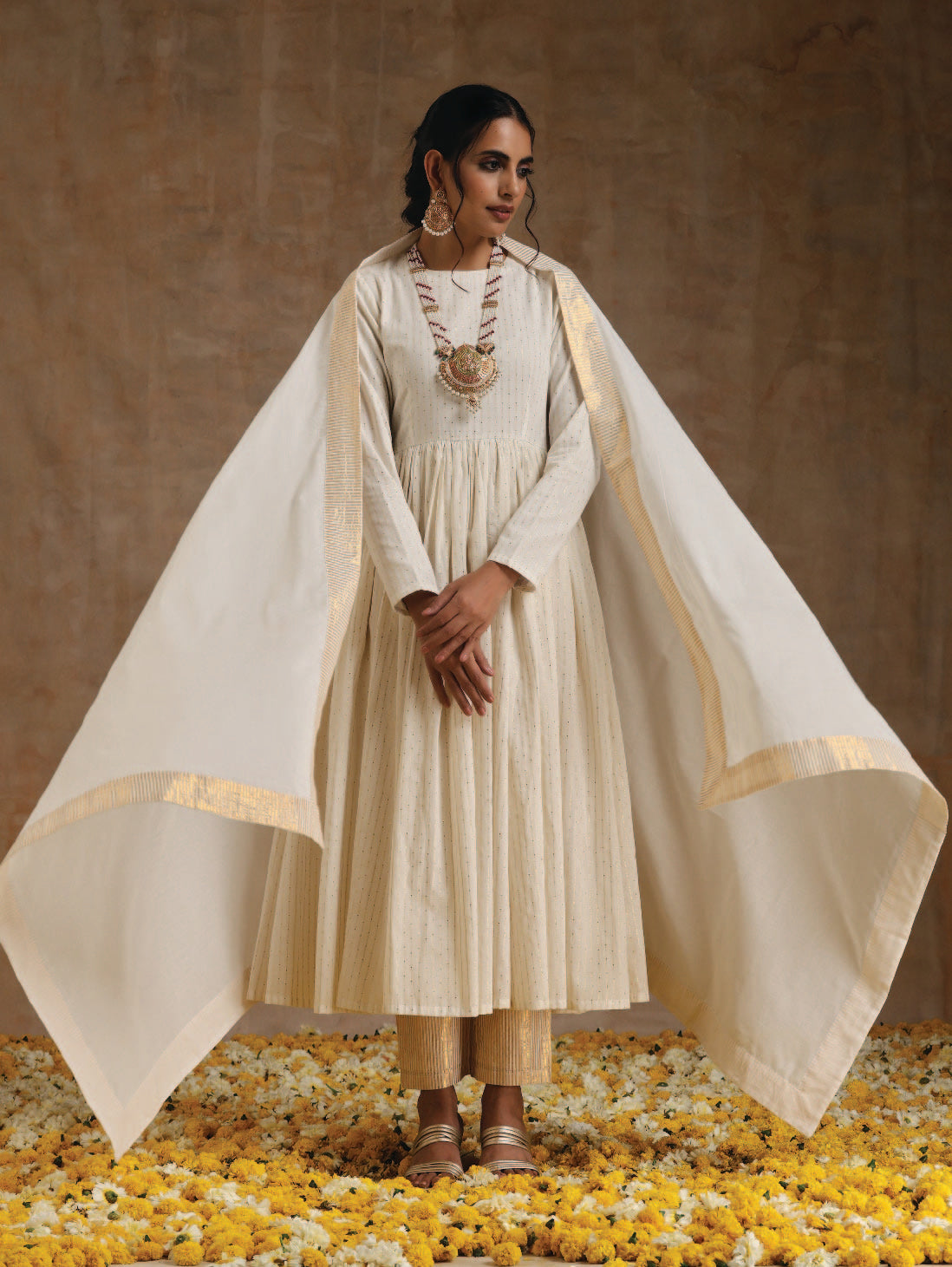 trueBrowns Ivory Gold Cotton Anarkali Set | Grocsy