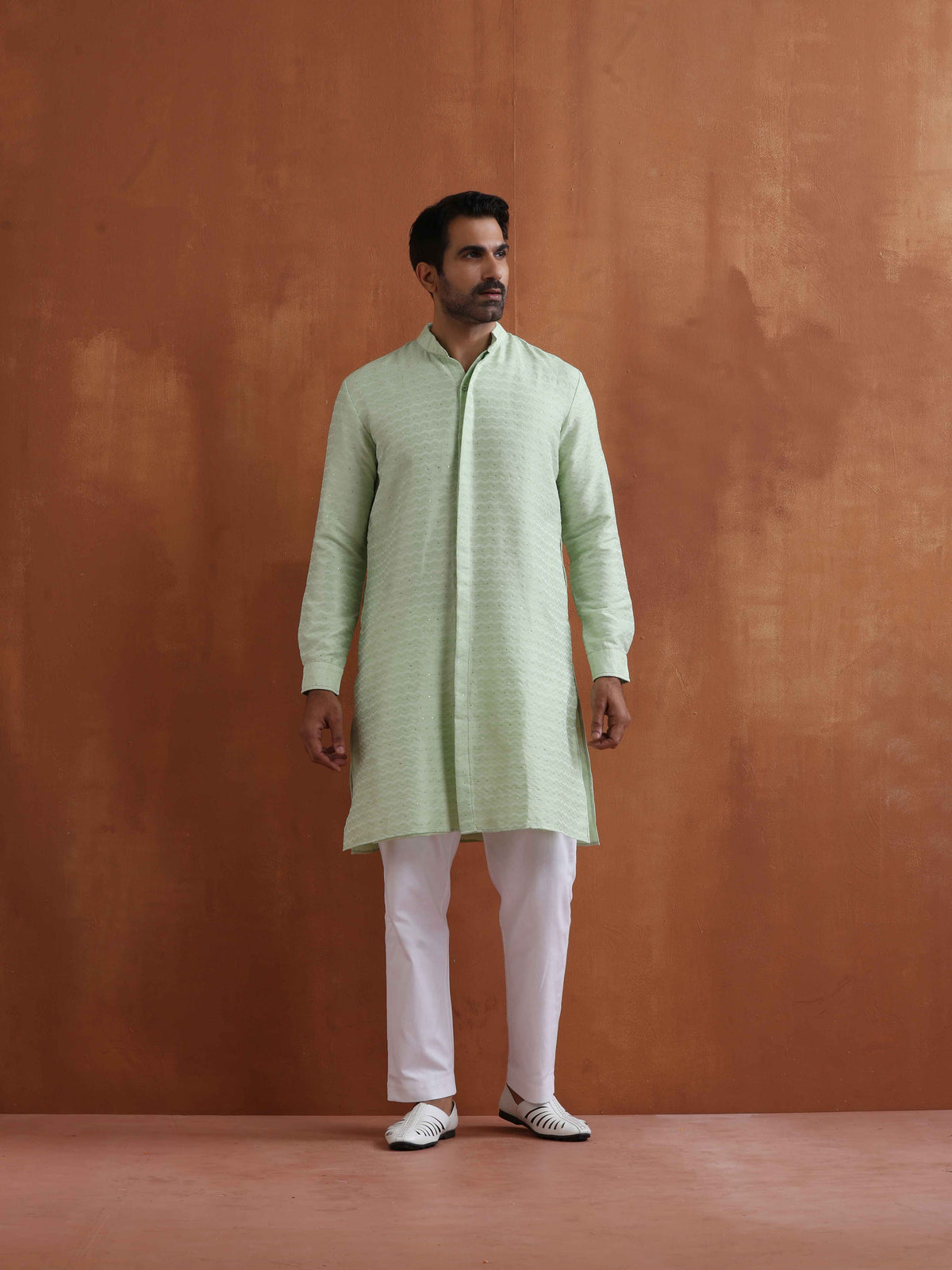 trueBrowns Men's Green Sequin Chanderi Kurta | Grocsy
