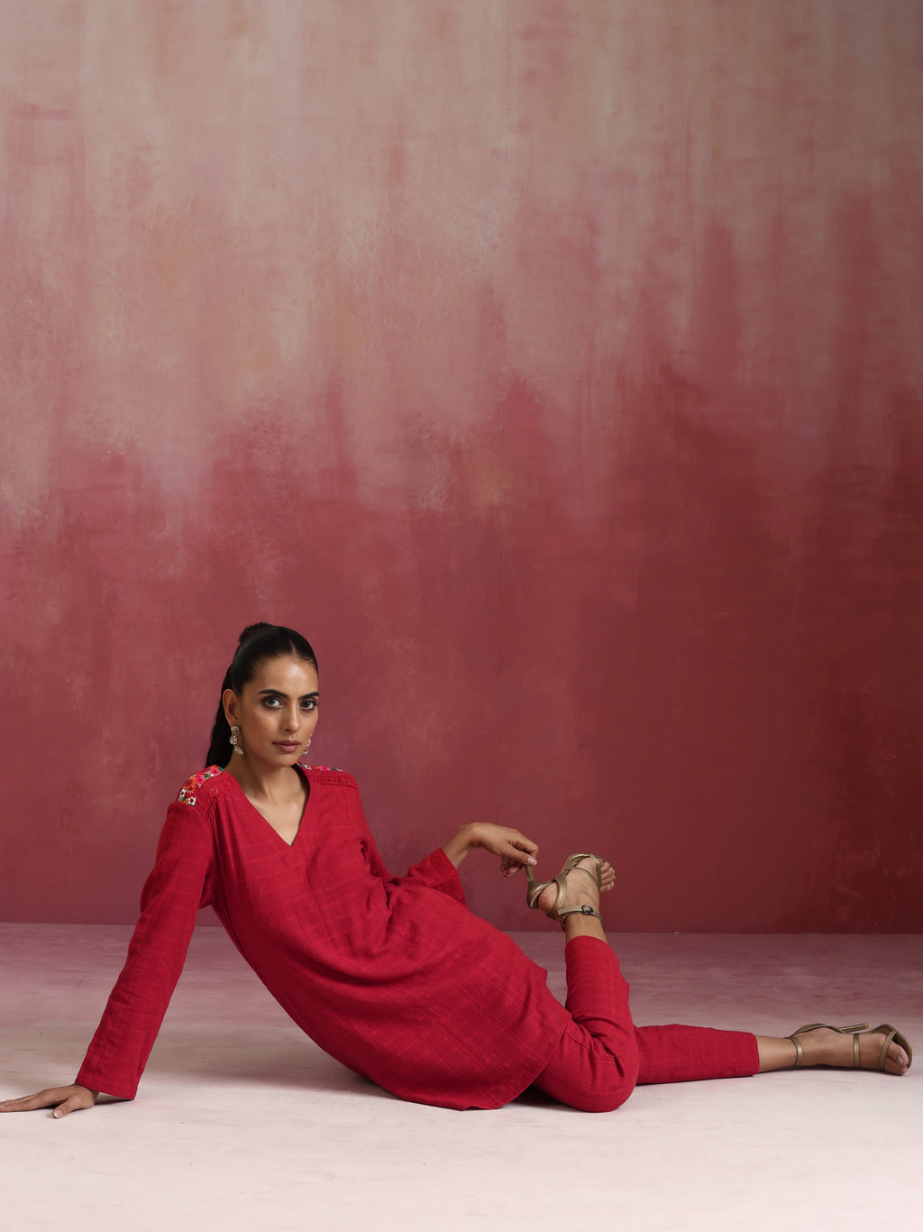 trueBrowns Red Cotton Dobby Kurta Co-ord set | Grocsy