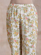 trueBrowns Pink Yellow Floral On White Block Print Cotton Panel Kaftan Kurta Pant Set | Grocsy