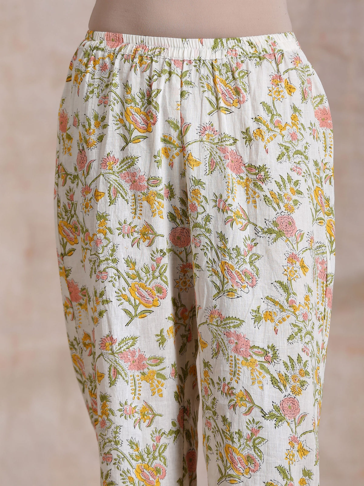 trueBrowns Pink Yellow Floral On White Block Print Cotton Panel Kaftan Kurta Pant Set | Grocsy
