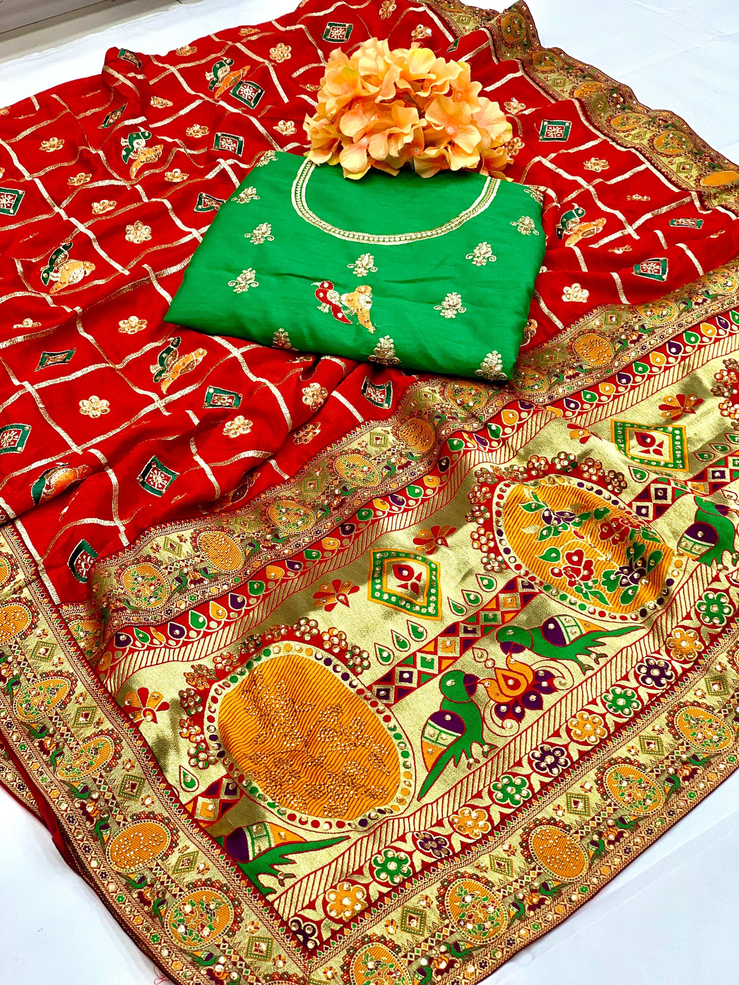 Lorenvalley Fashion Premium Red Vichitra Silk Embroidery and Diamond work Both Side Saree | Grocsy