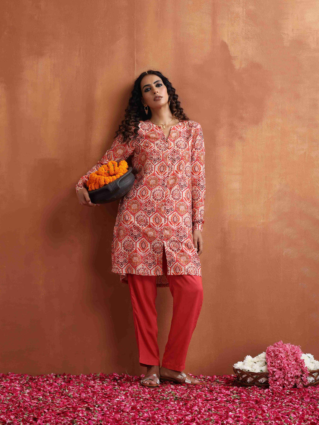 trueBrowns Beige Print Kurta Co-ord Set | Grocsy