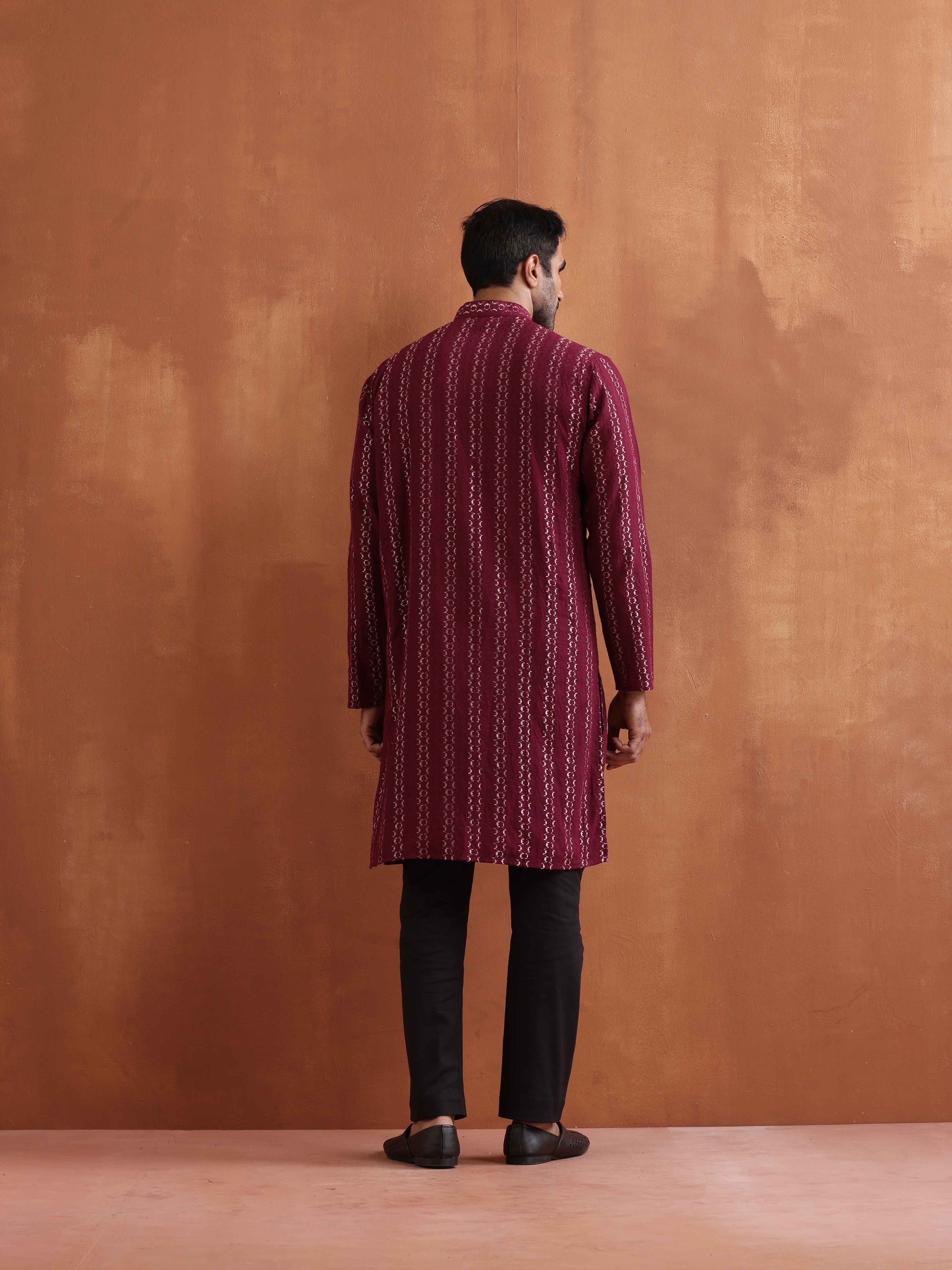 trueBrowns Men's Dark Purple Cotton Dobby Kurta | Grocsy