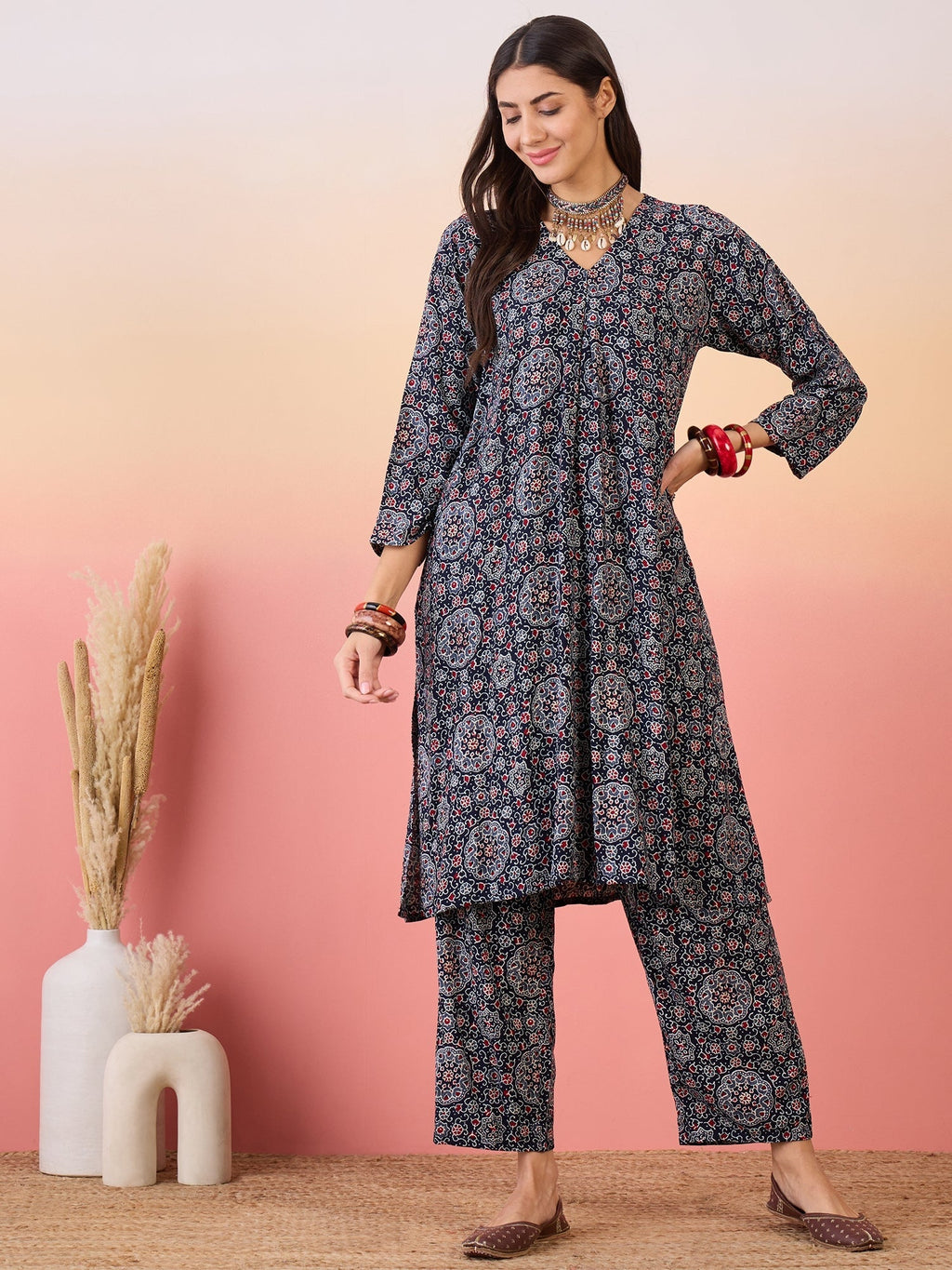 InWeave Navy Maroon Ajrakh Foil V Neck Kurta Pant Set | Grocsy