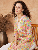InWeave Women's Multi Floral Painted Alia Lace Work Straight Kurta | Grocsy