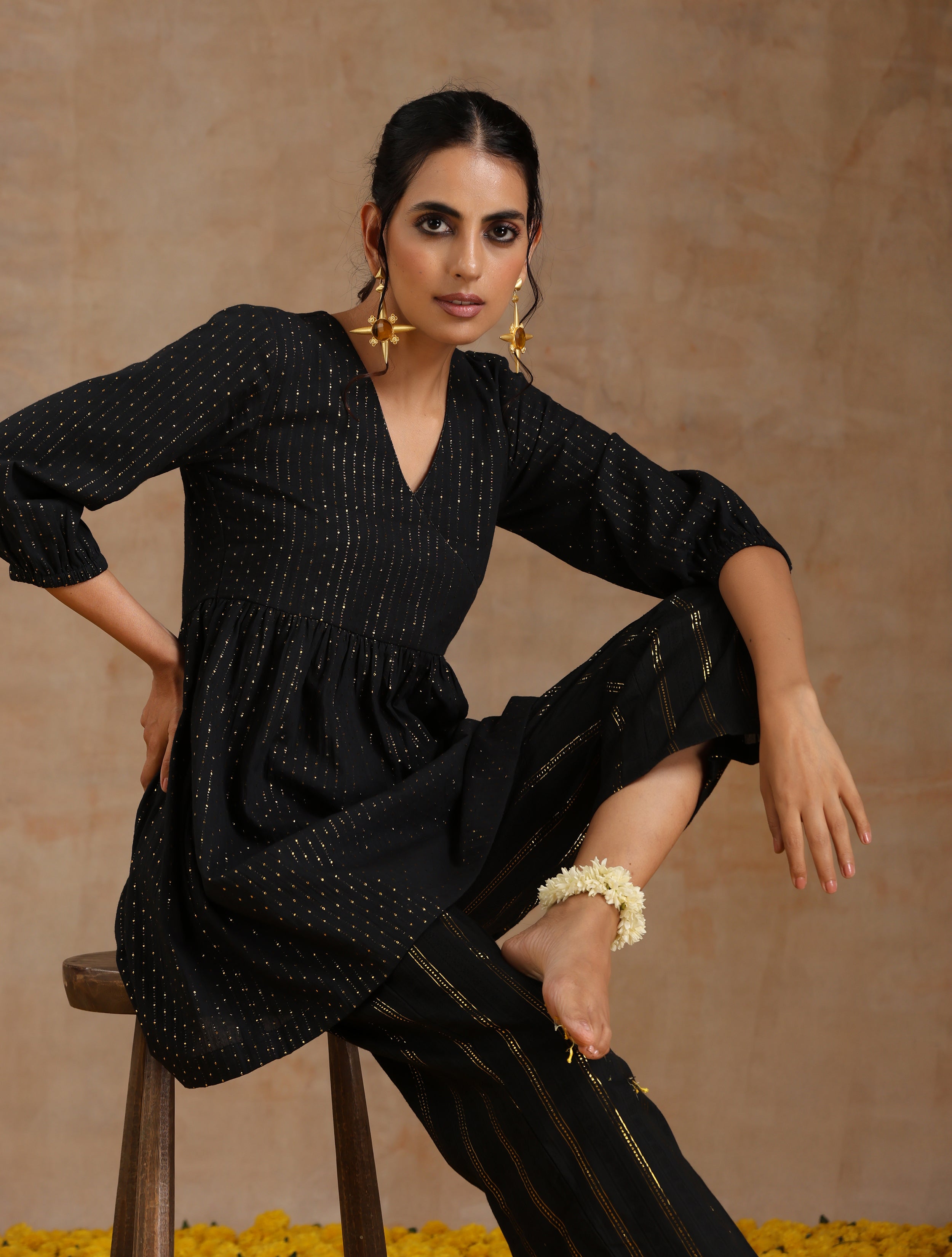 trueBrowns Black Gold Cotton Overlap Co-Ord Set | Grocsy