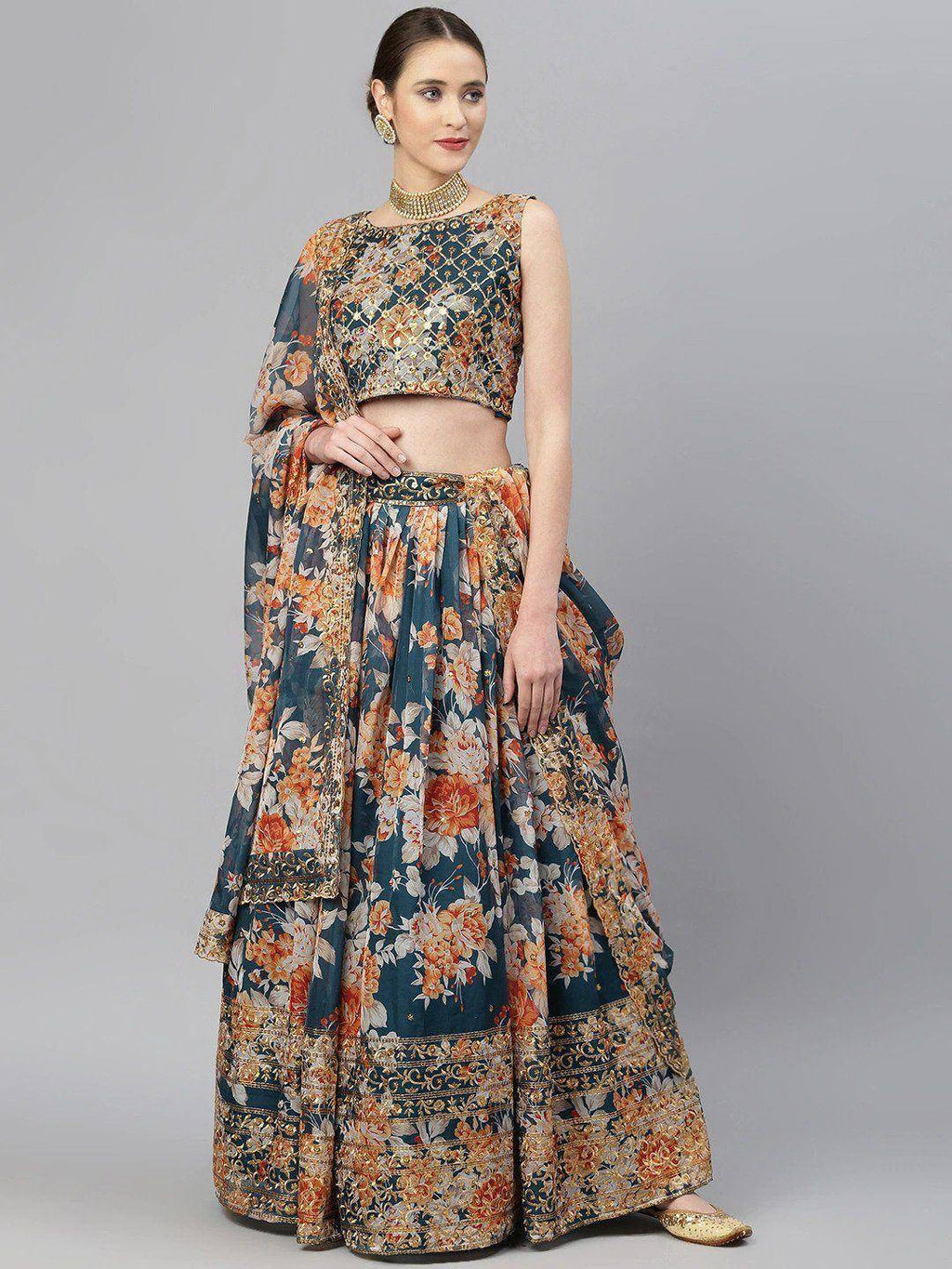 Tulsi Art Blue & Peach-Coloured Embellished Sequinned Semi-Stitched Myntra Lehenga & Unstitched Blouse | Grocsy