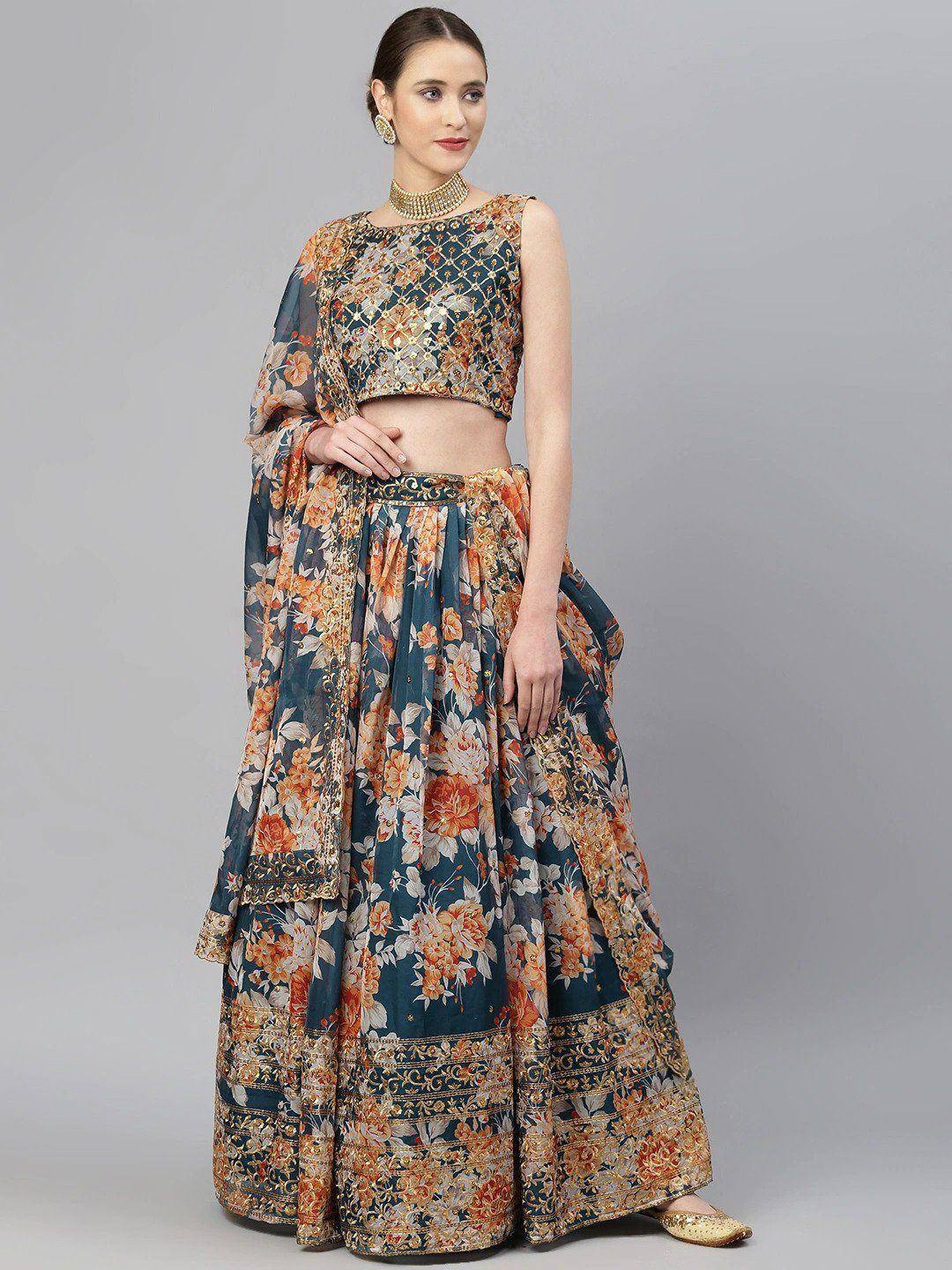 Tulsi Art Blue & Peach-Coloured Embellished Sequinned Semi-Stitched Myntra Lehenga & Unstitched Blouse | Grocsy