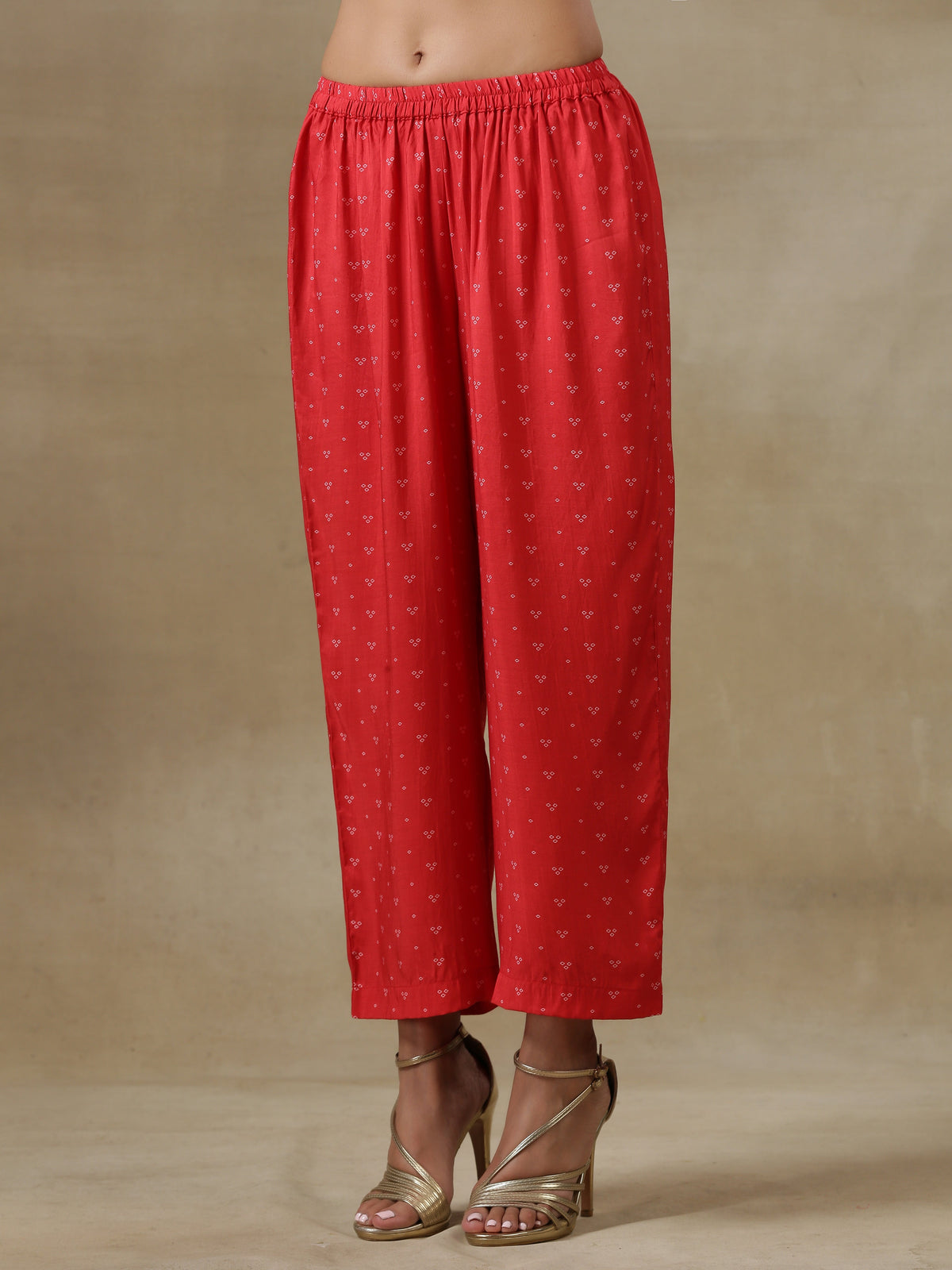 trueBrowns Red Bandhani Printed Silk Kaftan Gathered Co-Ord Set | Grocsy