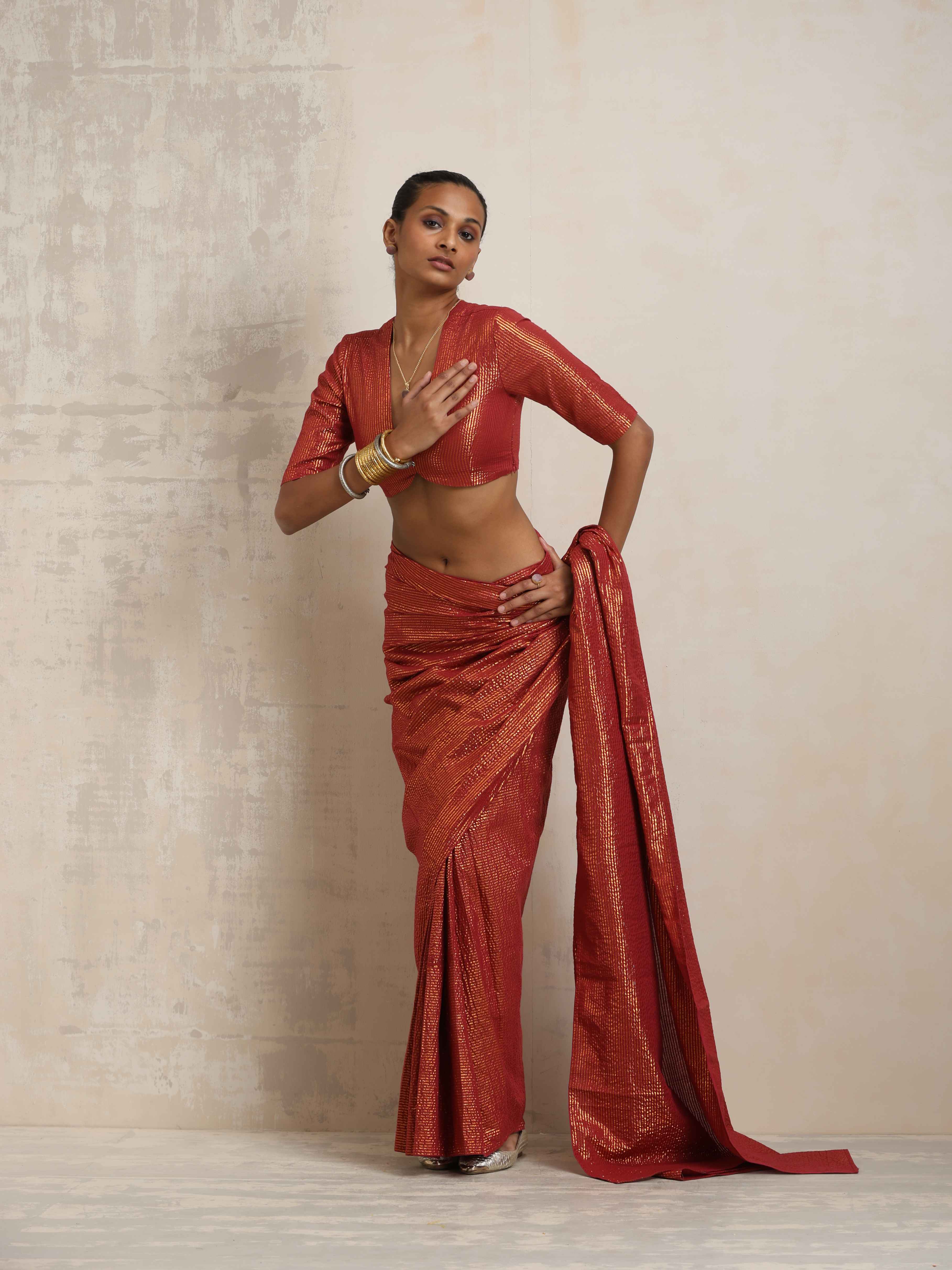 trueBrowns Maroon Gold Metallic Ready To Wear Saree | Grocsy