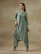 trueBrowns Light Green Bandhani Printed Silk Yoke Kurta Pant Set | Grocsy